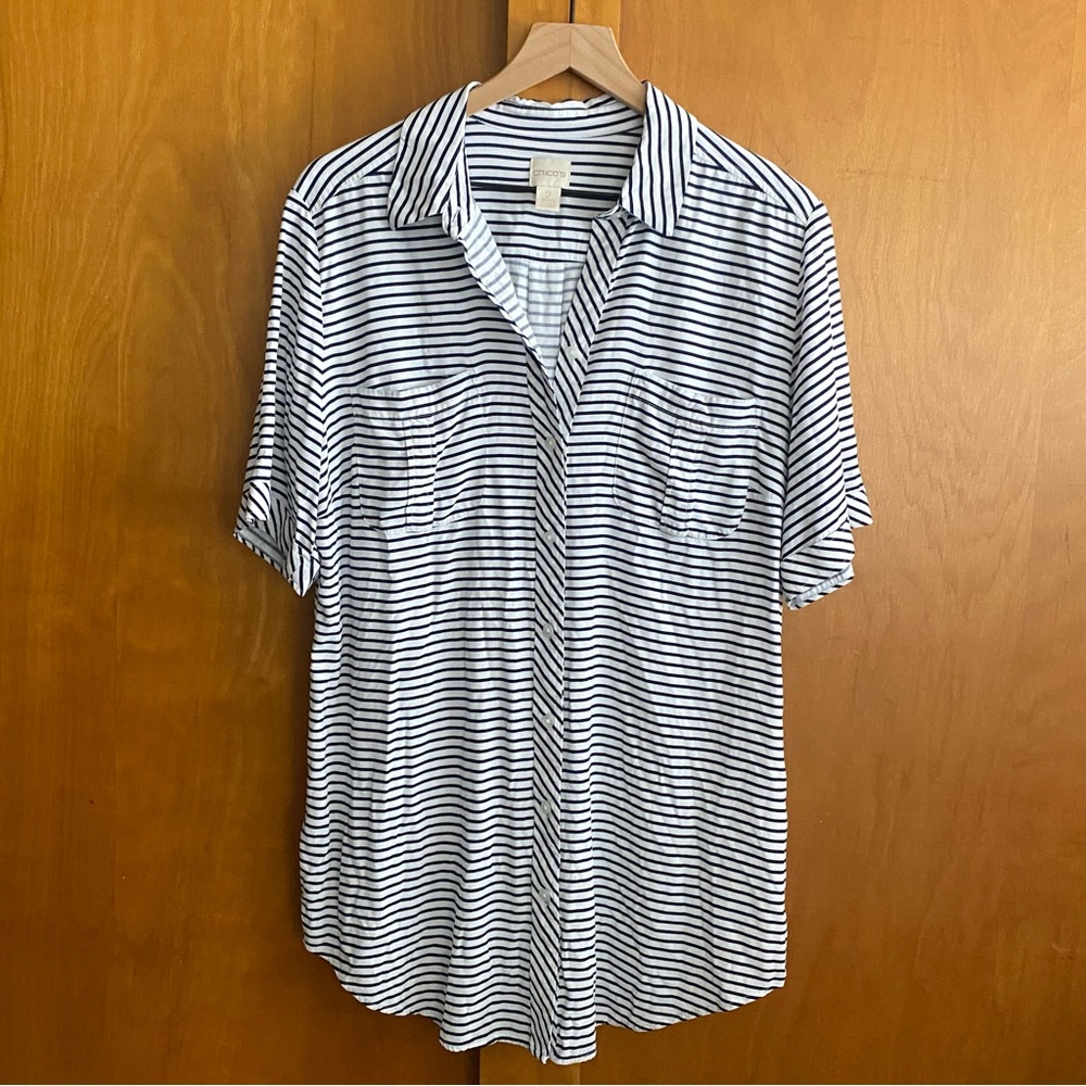 Chico's Navy Blue and White Striped Short Sleeve Button-Down Shirt Large
